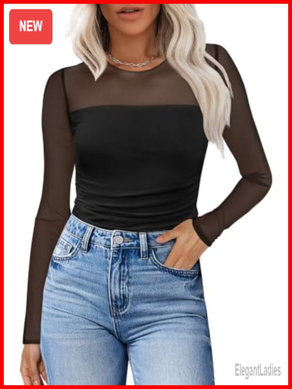 Sheer Mesh Long Sleeve Ruched Blouse Crew Neck Date Night Top